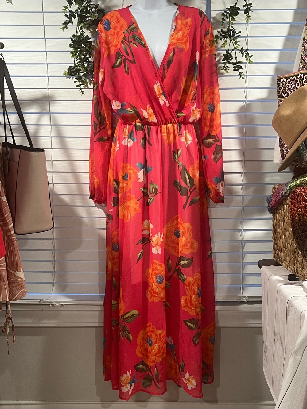 Bright Pink Maxi Floral Dress Boho Long Sleeve V Neck Dress L